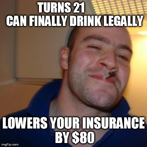 Good Guy Greg Meme | TURNS 21
           CAN FINALLY DRINK LEGALLY LOWERS YOUR INSURANCE BY $80 | image tagged in memes,good guy greg,AdviceAnimals | made w/ Imgflip meme maker