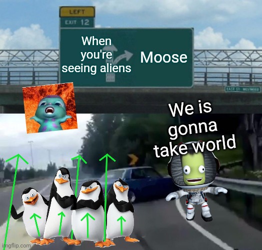 Left Exit 12 Off Ramp Meme | When you're seeing aliens; Moose; We is gonna take world | image tagged in indonesia,chuck norris,kakashi,unpopular opinion puffin,pennywise 2017,but that's none of my business neutral | made w/ Imgflip meme maker