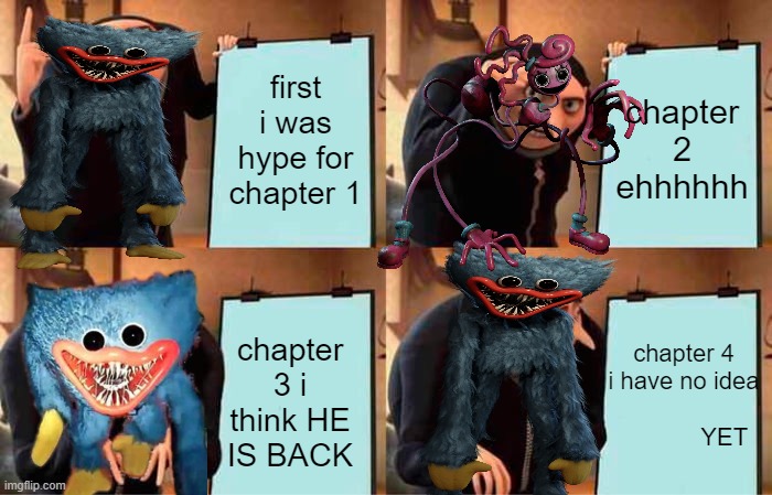 Gru's Plan | first i was hype for chapter 1; chapter 2 ehhhhhh; chapter 4 i have no idea                        YET; chapter 3 i think HE IS BACK | image tagged in memes,gru's plan | made w/ Imgflip meme maker