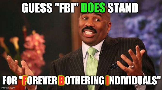 Steve Harvey Meme | GUESS "FBI" DOES STAND FOR "FOREVER BOTHERING INDIVIDUALS" DOES F                B                     I | image tagged in memes,steve harvey | made w/ Imgflip meme maker