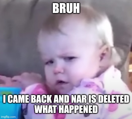 What happened | BRUH; I CAME BACK AND NAR IS DELETED
WHAT HAPPENED | image tagged in bro wtf | made w/ Imgflip meme maker