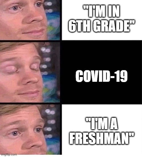 COVID for me | "I'M IN 6TH GRADE"; COVID-19; "I'M A FRESHMAN" | image tagged in blinking guy vertical blank | made w/ Imgflip meme maker
