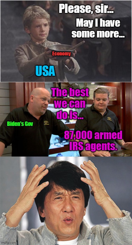 No seriously, someone explain this logic to me. What the literal f... | May I have some more... Please, sir... Economy; USA; The best we can do is... Biden's Gov; 87,000 armed IRS agents. | image tagged in oliver twist please sir,pawn stars best i can do,jackie chan confused,biden,democrats,irs | made w/ Imgflip meme maker