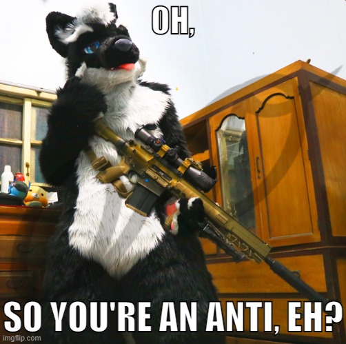 orcaxdragon | OH, SO YOU'RE AN ANTI, EH? | image tagged in furry,fursuit,sniper,memes,funny | made w/ Imgflip meme maker