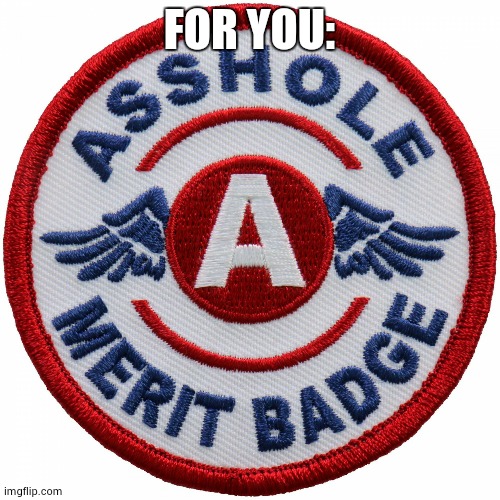 Asshole Merit Badge | FOR YOU: | image tagged in asshole merit badge | made w/ Imgflip meme maker