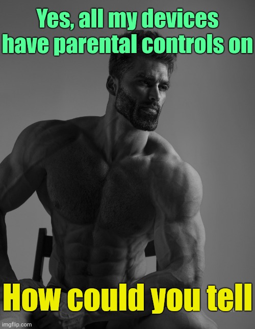 . | Yes, all my devices have parental controls on; How could you tell | image tagged in giga chad | made w/ Imgflip meme maker