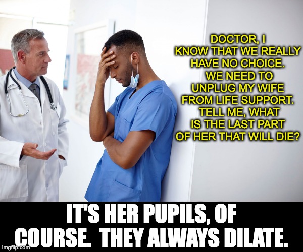 Unplug | DOCTOR, I KNOW THAT WE REALLY HAVE NO CHOICE.  WE NEED TO UNPLUG MY WIFE FROM LIFE SUPPORT.  TELL ME, WHAT IS THE LAST PART OF HER THAT WILL DIE? IT'S HER PUPILS, OF COURSE.  THEY ALWAYS DILATE. | image tagged in doctor and patient | made w/ Imgflip meme maker