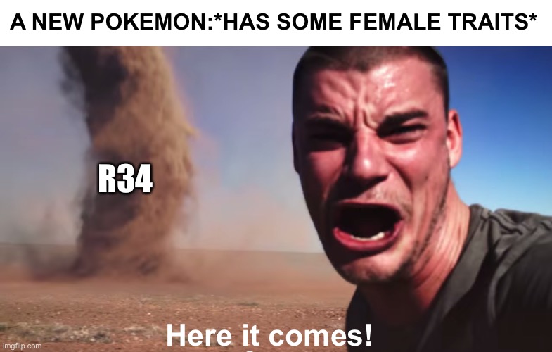 Here it comes | A NEW POKEMON:*HAS SOME FEMALE TRAITS*; R34; Here it comes! | image tagged in here it comes,pokemon,r34 | made w/ Imgflip meme maker