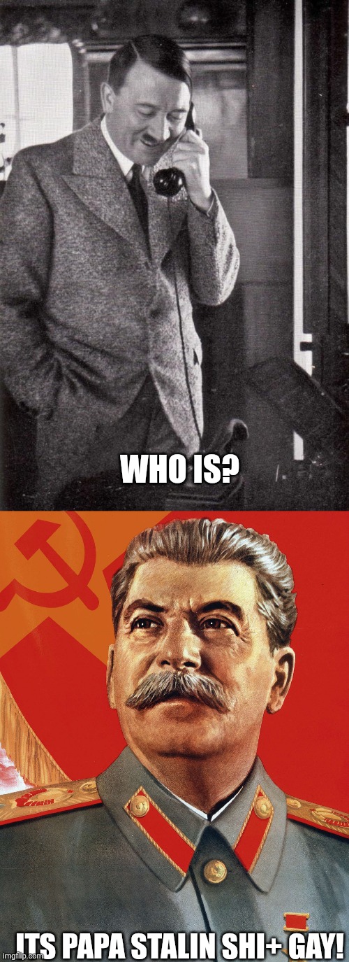 Joseph Stalin insult gay adolf | WHO IS? ITS PAPA STALIN SHI+ GAY! | image tagged in hitler,joseph stalin | made w/ Imgflip meme maker