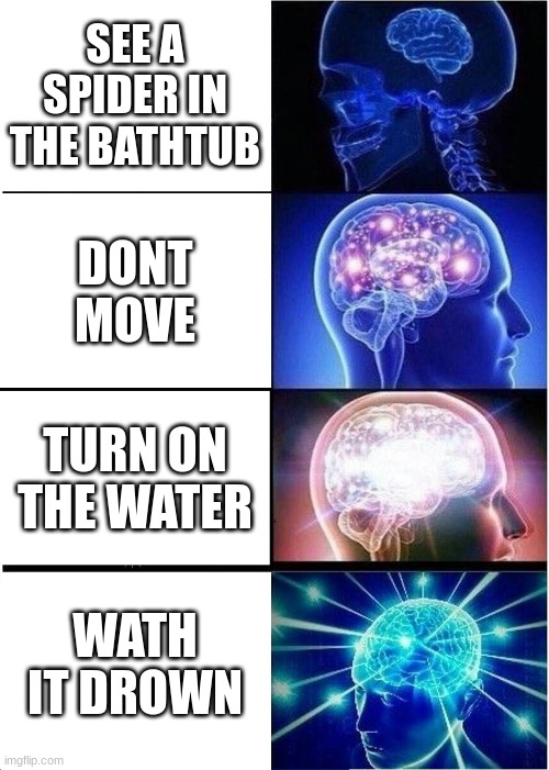 Expanding Brain |  SEE A SPIDER IN THE BATHTUB; DONT MOVE; TURN ON THE WATER; WATH IT DROWN | image tagged in memes,expanding brain | made w/ Imgflip meme maker