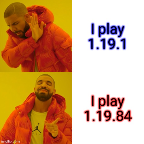 I HAVE NO IDEA FOR THE TITLE |  I play 1.19.1; I play 1.19.84 | image tagged in memes,drake hotline bling,please,save,minecraft,mojang | made w/ Imgflip meme maker