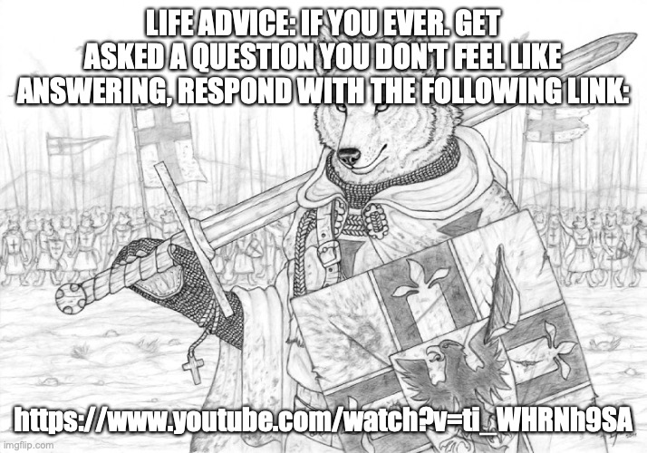 don't ask me, no questions, and I won't tell you no lies | LIFE ADVICE: IF YOU EVER. GET ASKED A QUESTION YOU DON'T FEEL LIKE ANSWERING, RESPOND WITH THE FOLLOWING LINK:; https://www.youtube.com/watch?v=ti_WHRNh9SA | image tagged in fursader | made w/ Imgflip meme maker