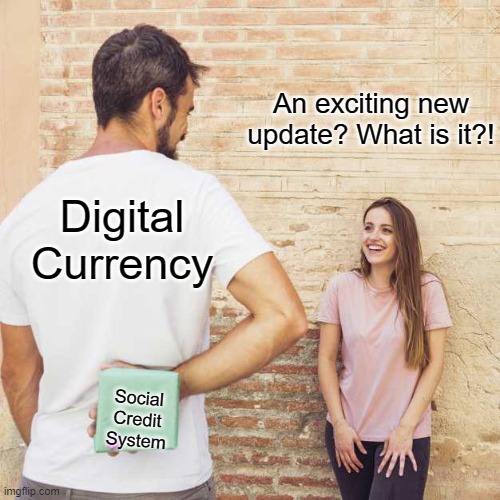 Gov: Digital Currency is the best thing EVER! | An exciting new update? What is it?! Digital Currency; Social Credit System | image tagged in friend i haven t seen in years | made w/ Imgflip meme maker