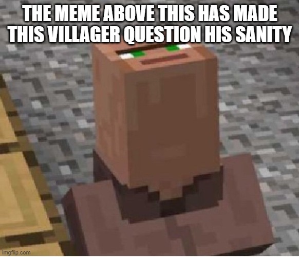 why u reading this? | THE MEME ABOVE THIS HAS MADE THIS VILLAGER QUESTION HIS SANITY | image tagged in villager looking up | made w/ Imgflip meme maker