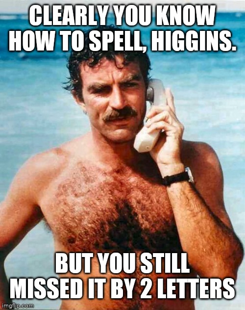 Magnum PI Calling | CLEARLY YOU KNOW HOW TO SPELL, HIGGINS. BUT YOU STILL MISSED IT BY 2 LETTERS | image tagged in magnum pi calling | made w/ Imgflip meme maker