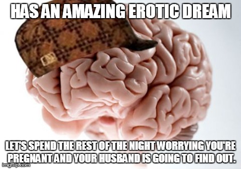 Scumbag Brain Meme | HAS AN AMAZING EROTIC DREAM LET'S SPEND THE REST OF THE NIGHT WORRYING YOU'RE PREGNANT AND YOUR HUSBAND IS GOING TO FIND OUT. | image tagged in memes,scumbag brain,AdviceAnimals | made w/ Imgflip meme maker