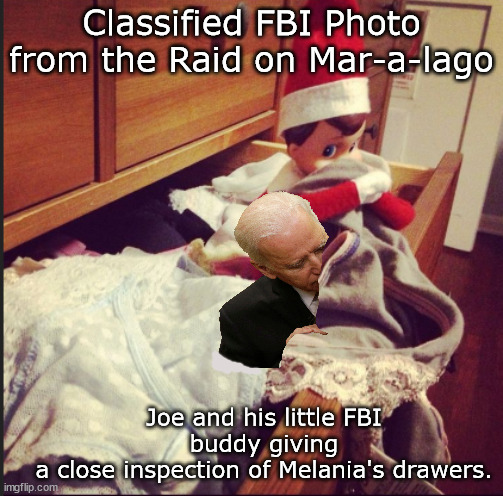 Joe's Mar-a-lago Adventure | Classified FBI Photo from the Raid on Mar-a-lago; Joe and his little FBI buddy giving
a close inspection of Melania's drawers. | image tagged in memes,politics | made w/ Imgflip meme maker