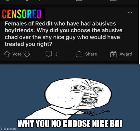 why are you a chad? | WHY YOU NO CHOOSE NICE BOI | image tagged in can't argue with that / technically not wrong | made w/ Imgflip meme maker