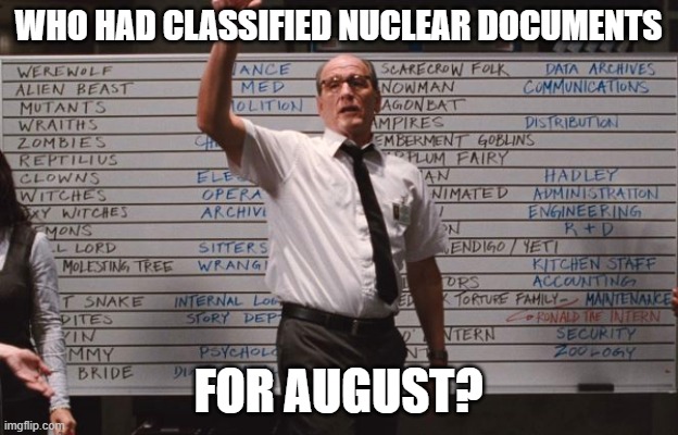 Cabin the the woods |  WHO HAD CLASSIFIED NUCLEAR DOCUMENTS; FOR AUGUST? | image tagged in cabin the the woods,AdviceAnimals | made w/ Imgflip meme maker