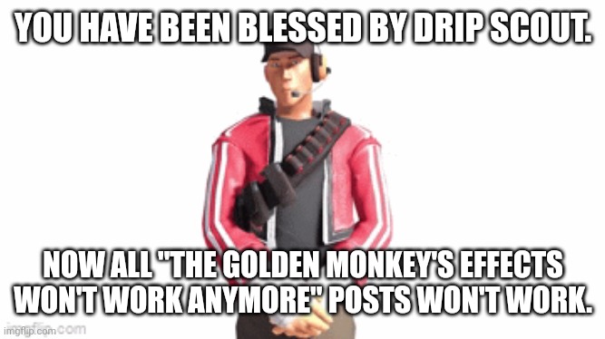 Extra thing to cover up for medic gaming. | YOU HAVE BEEN BLESSED BY DRIP SCOUT. NOW ALL "THE GOLDEN MONKEY'S EFFECTS WON'T WORK ANYMORE" POSTS WON'T WORK. | image tagged in scout drip | made w/ Imgflip meme maker