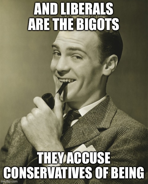 White supremacist is a racial slur, racism and bigotry | AND LIBERALS ARE THE BIGOTS; THEY ACCUSE CONSERVATIVES OF BEING | image tagged in smug | made w/ Imgflip meme maker