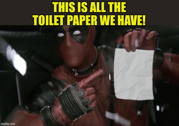 Deadpool pointing at paper | THIS IS ALL THE TOILET PAPER WE HAVE! | image tagged in deadpool pointing at paper | made w/ Imgflip meme maker