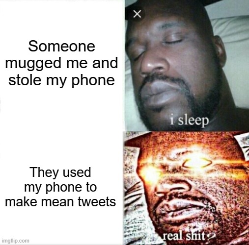 Well why didn't you TELL us it was urgent!?! | Someone mugged me and stole my phone; They used my phone to make mean tweets | image tagged in memes,sleeping shaq | made w/ Imgflip meme maker