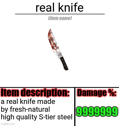 [new item] | real knife; a real knife made by fresh-natural high quality S-tier steel; 9999999 | image tagged in item-shop template | made w/ Imgflip meme maker