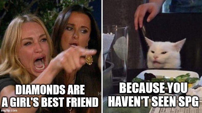 Angry lady cat | DIAMONDS ARE A GIRL'S BEST FRIEND; BECAUSE YOU HAVEN'T SEEN SPG | image tagged in angry lady cat | made w/ Imgflip meme maker