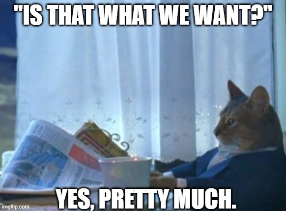 I Should Buy A Boat Cat Meme | "IS THAT WHAT WE WANT?" YES, PRETTY MUCH. | image tagged in memes,i should buy a boat cat | made w/ Imgflip meme maker
