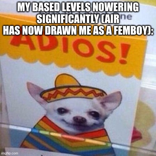 chihuahua adios | MY BASED LEVELS NOWERING SIGNIFICANTLY (AIR HAS NOW DRAWN ME AS A FEMBOY): | image tagged in chihuahua adios | made w/ Imgflip meme maker