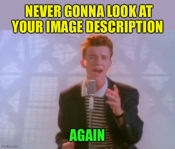 Rick Astley | NEVER GONNA LOOK AT YOUR IMAGE DESCRIPTION AGAIN | image tagged in rick astley | made w/ Imgflip meme maker