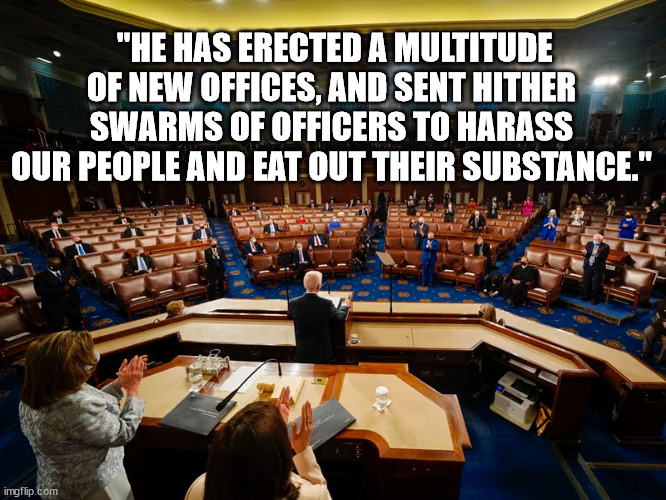 government expansion | "HE HAS ERECTED A MULTITUDE OF NEW OFFICES, AND SENT HITHER SWARMS OF OFFICERS TO HARASS OUR PEOPLE AND EAT OUT THEIR SUBSTANCE." | image tagged in declaration of independence,87000,irs,fbi | made w/ Imgflip meme maker