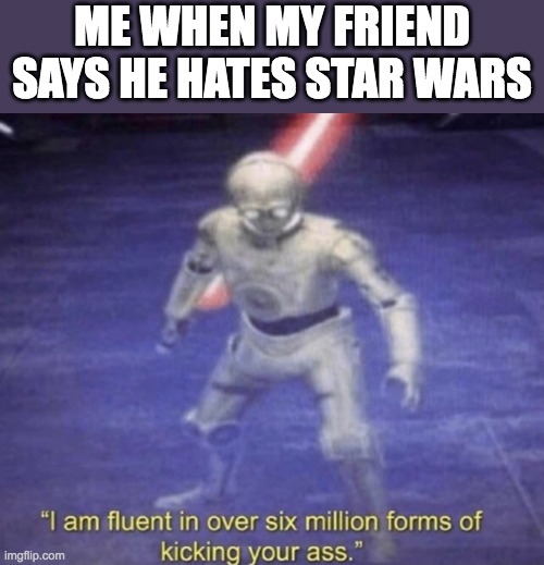 star wars meme | ME WHEN MY FRIEND SAYS HE HATES STAR WARS | image tagged in i am fluent in over six million forms of kicking your ass,star wars | made w/ Imgflip meme maker
