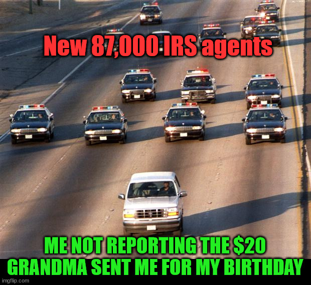 IRS is coming for you | New 87,000 IRS agents; ME NOT REPORTING THE $20 GRANDMA SENT ME FOR MY BIRTHDAY | image tagged in oj simpson police chase,political meme | made w/ Imgflip meme maker