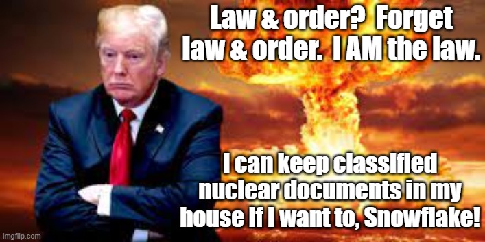 tRump above the Law | Law & order?  Forget law & order.  I AM the law. I can keep classified nuclear documents in my house if I want to, Snowflake! | image tagged in maga,law and order,trump,donald trump approves,donald trump is an idiot,loser | made w/ Imgflip meme maker