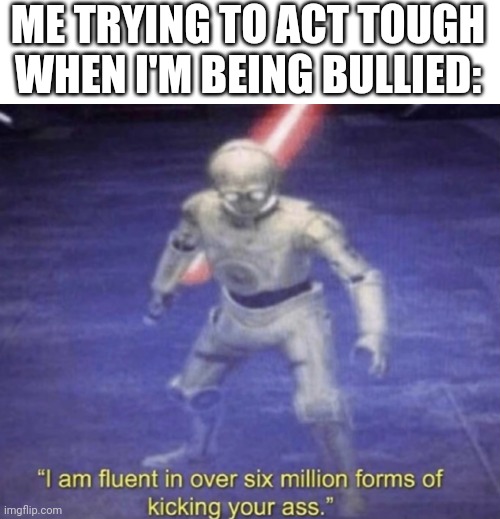 I am fluent in over six million forms of kicking your ass | ME TRYING TO ACT TOUGH WHEN I'M BEING BULLIED: | image tagged in i am fluent in over six million forms of kicking your ass | made w/ Imgflip meme maker