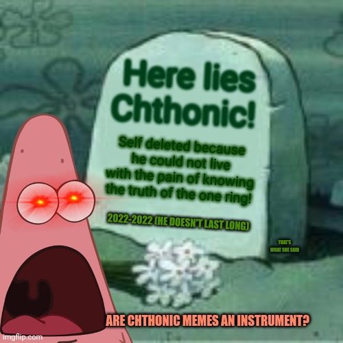 (Danny boy plays in the backround) | Here lies Chthonic! Self deleted because he could not live with the pain of knowing the truth of the one ring! 2022-2022 (HE DOESN'T LAST LONG); THAT'S WHAT SHE SAID; ARE CHTHONIC MEMES AN INSTRUMENT? | image tagged in chthonic,meme,weekend,patrick star,has the waifu pox | made w/ Imgflip meme maker