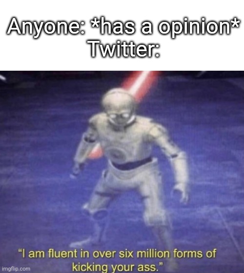 I am fluent in over six million forms of kicking your ass | Anyone: *has a opinion*
Twitter: | image tagged in i am fluent in over six million forms of kicking your ass | made w/ Imgflip meme maker