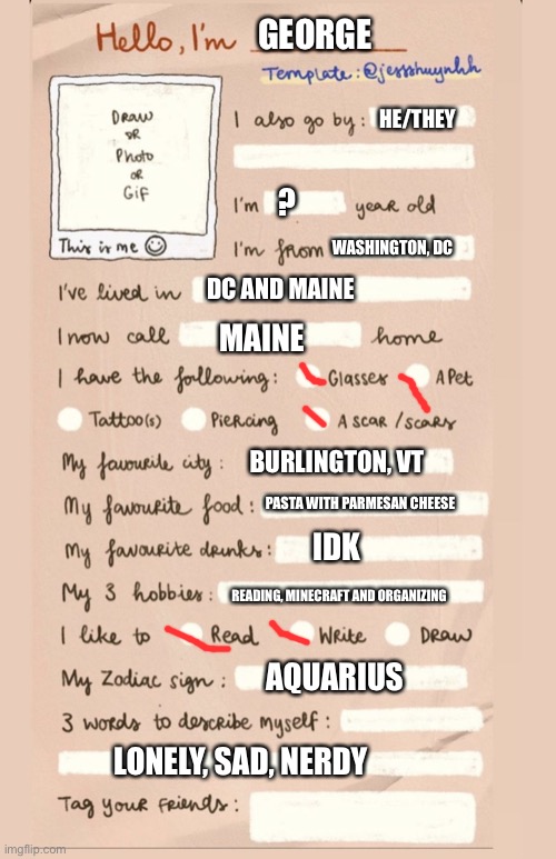 Nice to meet you | GEORGE; HE/THEY; ? WASHINGTON, DC; DC AND MAINE; MAINE; BURLINGTON, VT; PASTA WITH PARMESAN CHEESE; IDK; READING, MINECRAFT AND ORGANIZING; AQUARIUS; LONELY, SAD, NERDY | image tagged in hello i'm___ | made w/ Imgflip meme maker