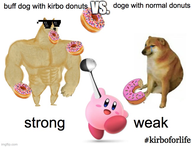 Kirboforlife! | VS. doge with normal donuts; buff dog with kirbo donuts; strong; weak; #kirboforlife | image tagged in memes,buff doge vs cheems,kirby | made w/ Imgflip meme maker
