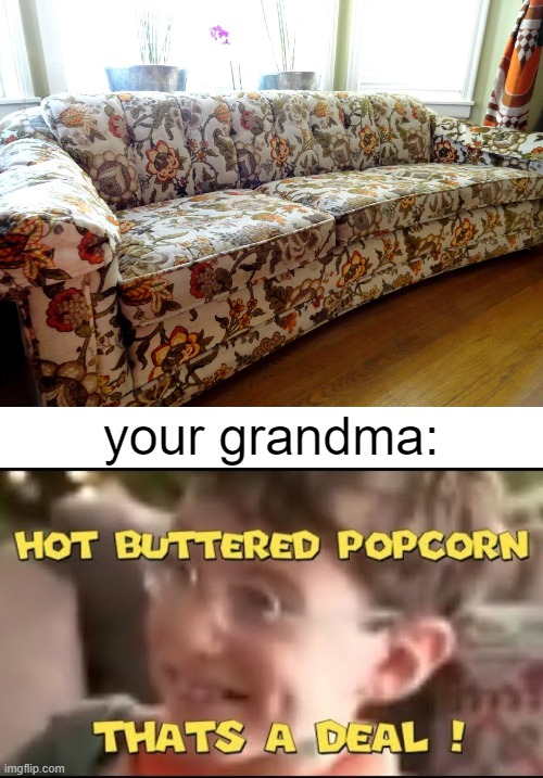Anybody else have an elder relative with a couch like this? |  your grandma: | image tagged in hot buttered popcorn thats a deal,memes,funny,couch,grandma | made w/ Imgflip meme maker