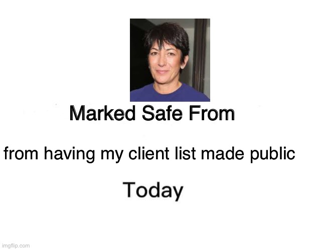 Marked Safe From Meme | from having my client list made public | image tagged in memes,marked safe from,politics lol | made w/ Imgflip meme maker