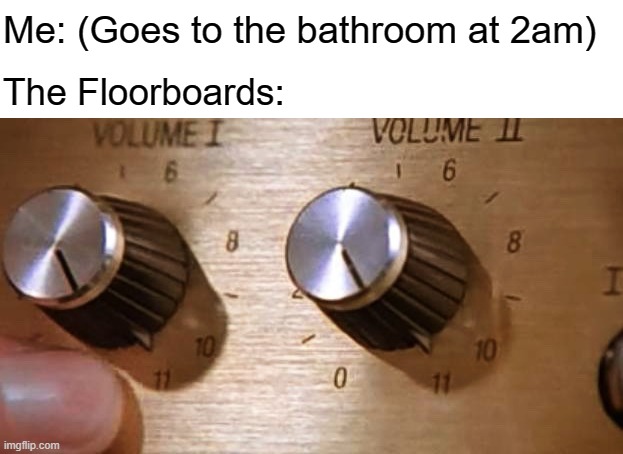 Everything in your house is louder after midnight |  Me: (Goes to the bathroom at 2am); The Floorboards: | image tagged in spinal tap these amps go up to eleven,3am,bathroom,floor,loud | made w/ Imgflip meme maker