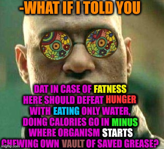 -Tips of wellbeing. | -WHAT IF I TOLD YOU; DAT IN CASE OF FATNESS HERE SHOULD DEFEAT HUNGER WITH EATING ONLY WATER, DOING CALORIES GO IN MINUS WHERE ORGANISM STARTS CHEWING OWN VAULT OF SAVED GREASE? FATNESS; HUNGER; EATING; MINUS; STARTS; VAULT | image tagged in acid kicks in morpheus,fat people,eating healthy,water,grease,organic chemistry | made w/ Imgflip meme maker