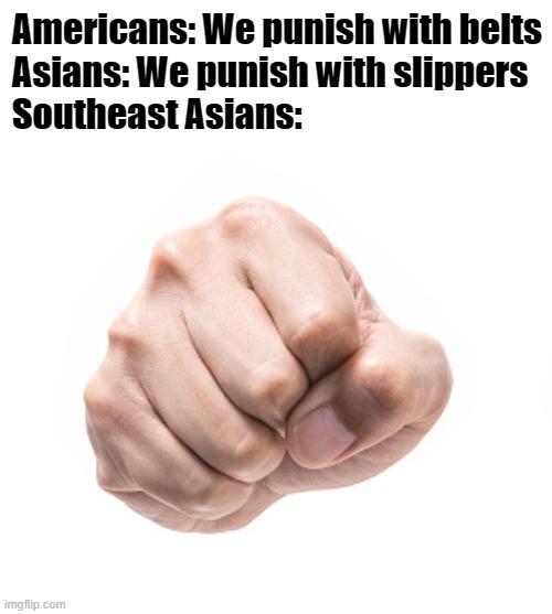 Mith my, the *FIST* | Americans: We punish with belts
Asians: We punish with slippers
Southeast Asians: | image tagged in memes | made w/ Imgflip meme maker