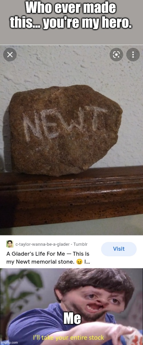 Who ever made this... you're my hero. | Who ever made this... you're my hero. Me | image tagged in newt maze runner memorial stone,i'll take your entire stock,maze runner,memorial | made w/ Imgflip meme maker