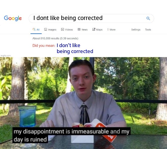I dont like being corrected; I don't like being corrected | image tagged in did you mean,my dissapointment is immeasureable and my day is ruined | made w/ Imgflip meme maker