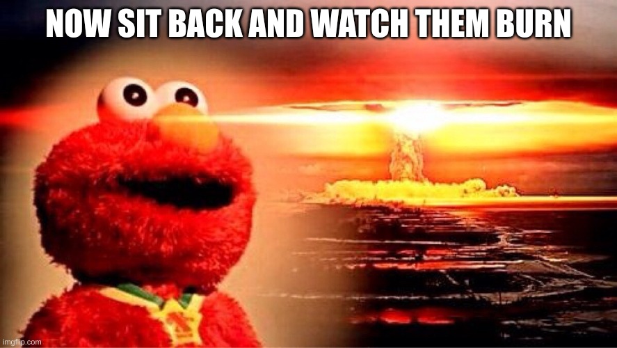 elmo nuclear explosion | NOW SIT BACK AND WATCH THEM BURN | image tagged in elmo nuclear explosion | made w/ Imgflip meme maker