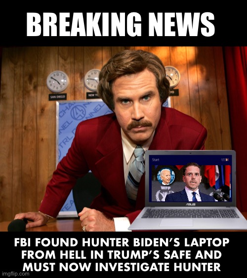 The FBI | BREAKING NEWS; FBI FOUND HUNTER BIDEN’S LAPTOP 
FROM HELL IN TRUMP’S SAFE AND 
MUST NOW INVESTIGATE HUNTER | image tagged in breaking news sale,hunter biden | made w/ Imgflip meme maker